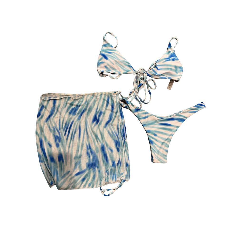 Unbranded NWOT XL 3 Piece Cheeky Bikini Swimsuit Set, Coverup Skirt Blue Tie Dye